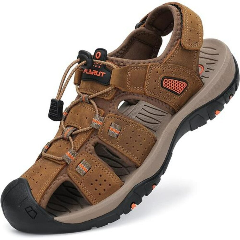 FLARUT Mens Hiking Sandals Closed Toe Leather Water Shoes Outdoor Trail Sport